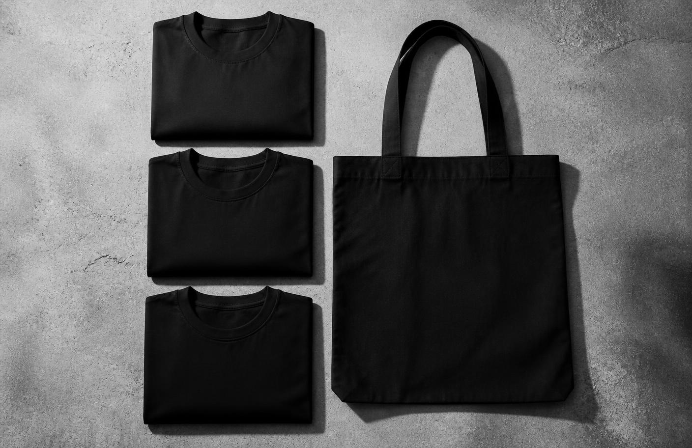 Folded plain black t-shirts and a tote bag on concrete